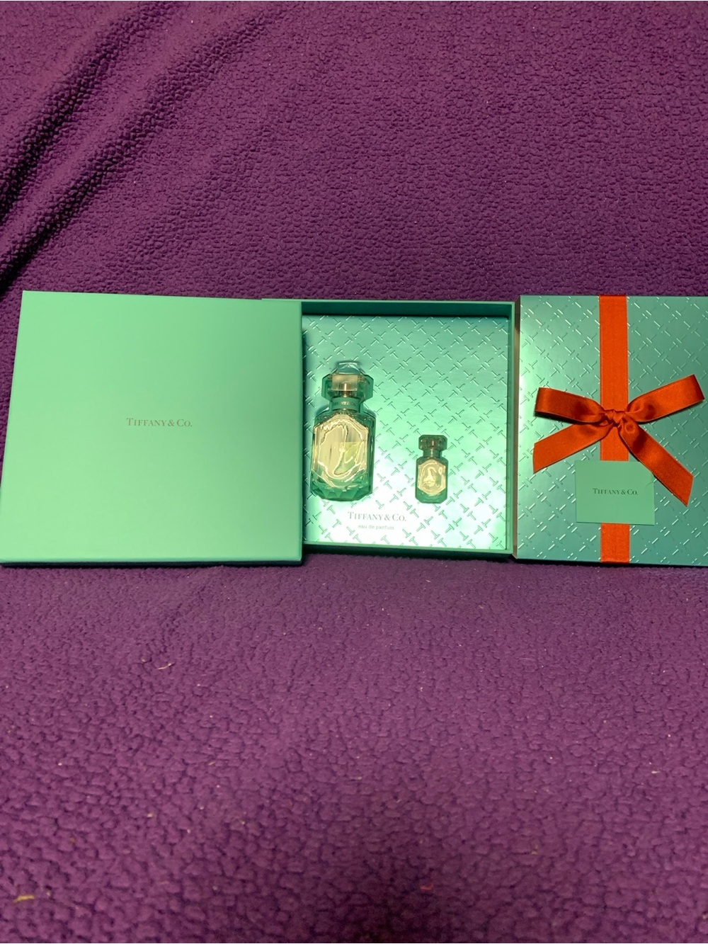 Tiffany & Co. Perfume Gift Set in Signature Blue with Red Ribbon.